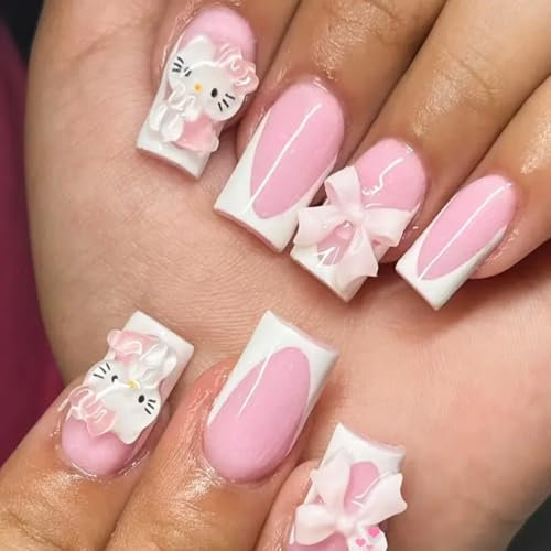 MouyouGlow Press on Nails Mittellang,Square Cute Kawaii Rosa Weiß French 3D Kitty Carton Schleife Fliege Bow Tie Y2K Coquette Fake Nails mit Nagelkleber,Pink Tips Sweet Künstliche Fingernägel