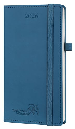 POPRUN Taschenkalender 2026 Klein 16,5 x 9 cm (Jan.2026-Dez.2026) - Kalender 2026 Klein mit PU-Leder - Terminplaner, Planer 1 Woche 2 Seite mit Stiftschlaufe - Marineblau