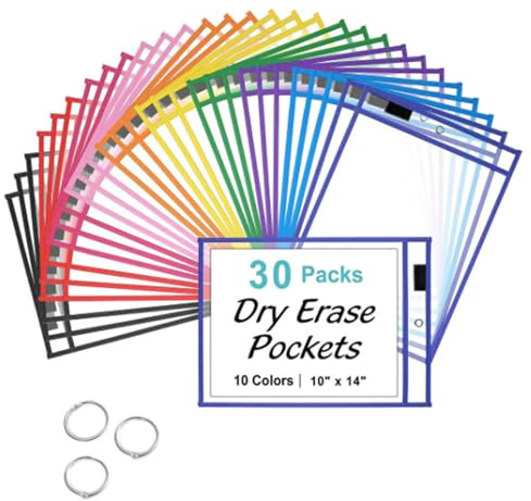 Oaygat 30 PCS A4 Write and Wipe Pockets Dry Erase Pockets with 3 Ring 10 X 14 Inch Reusable Plastic Sleeves Waterproof Dry Brush Bag Punched Pocket Plastic Wallets Folder Document Files Popper Wallet