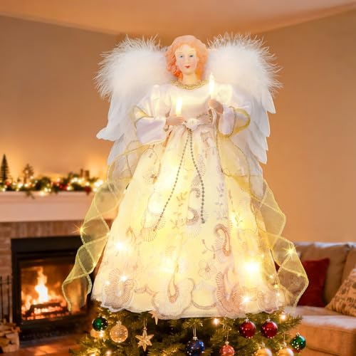 32cm Weihnachtsbaumspitze Engel mit Federnflügel & Licht, Batteriebetrieb Engel hristbaumspitze Baumspitze Weihnachten für Tannenschmuck