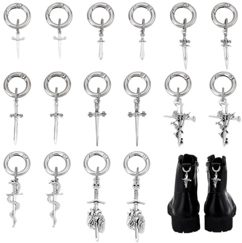 HOBBIESAY 16Stück Schuhanhänger In 8 Stilen Schwertform Legierung Gothic Stiefel Absatzanhänger DIY Schuhzubehör Antik Silber Platin Stiefel Dekoration Für Stiefel Turnschuhe Taschen Mit Ringen