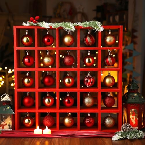 Cinnvoice Weihnachtsdekoration, Holzständer, Aufhänger für Weihnachtskugeln, Vitrine, Schrank, für Bastelarbeiten, Wanddekorationen, Geschenk (rot, 25 Fächer)