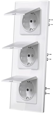 MVAVA Enchufe con Tapa,Enchufes pared Con Garfio,Placa de Cristal,Conexión Rápida con Resortes,Seguridad infantil,Empotrable Estándar,3 Enchufes Con Tapa Protectora,228mm Blanco