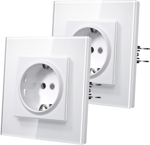 MVAVA Schuko Steckdose Unterputz EU-Standard, 1 Fach Steckdose mit Glasrahmen, 86mm x 86mm Unterputz Steckdosen, Einfache Installation, Weiß 2 Pack