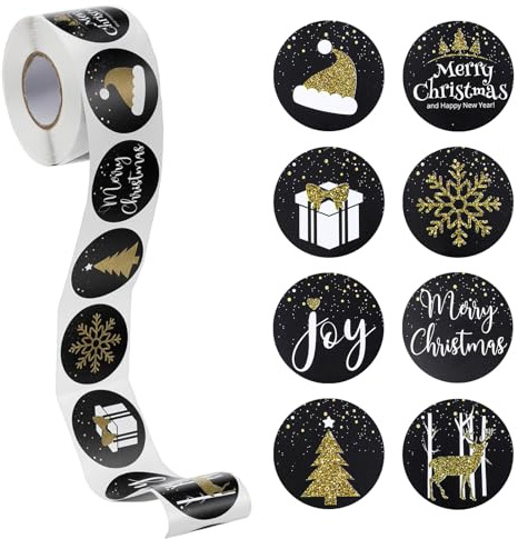 500 Stück Aufkleber Weihnachten,3.8cm Selbstklebend Weihnachtsaufkleber,Schwarz-Gold Rund Weihnachtsaufkleber,Weihnachtssticker Etiketten Sticker für Weihnachtsgeschenke