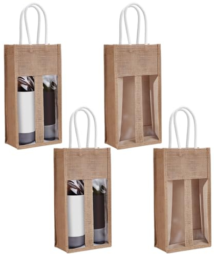 INTERWARM 4 Pack Burlap Wine Bottle Bags, Jute Wine Gift Bag with Window and Handle 2-Bottle Champagne Bag Vintage Packaging Gift Bags for Wedding Birthday Party Christmas Holiday Festival
