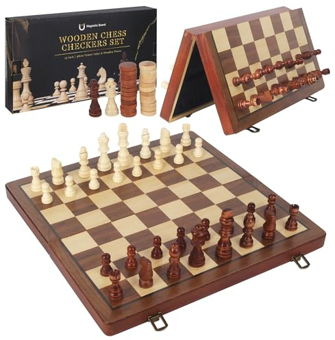 Juego de Ajedrez Magnético 2 en 1 de Madera de Nogal 39x39 cm, Tablero Ajedrez Plegable Profesional con 2 Reinas Adicionales, Portátil Ajedrez Madera Ideal para Viajes y Fiestas