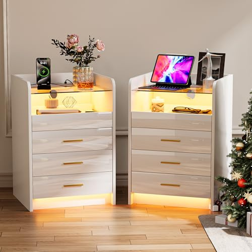 Bedside Tables with 2 AC Outlets/2 USB Ports & Remote-Controlled RGB LED, Bedside Cabinet with 3 Drawers & 1 Sliding Shelf & 1 Glass Shelf,45x40x65cm, Suitable for Bedrooms & Living Rooms(2pcs,White)