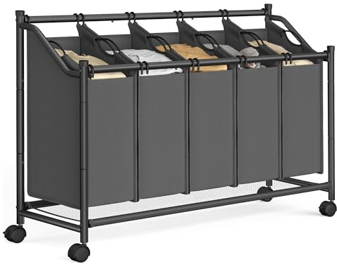SONGMICS Wäschekorb mit Rollen, Wäschesammler mit 5 abnehmbaren Wäschesäcken, Wäschewagen, für Waschküche Schlafzimmer Badezimmer, 5 x 35 L, schiefergrau RLS103G01
