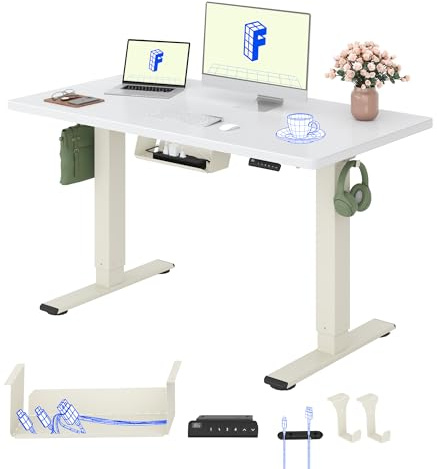 FLEXISPOT Bureau Assis Debout & 2 Moteurs, 120x60cm,Mousse Blanc+Blanc | Charge de 120kg, Système anti-collision, Panneau de Commande avec 4 mémoires & Accessoires Pratiques Inclus pour Bureau
