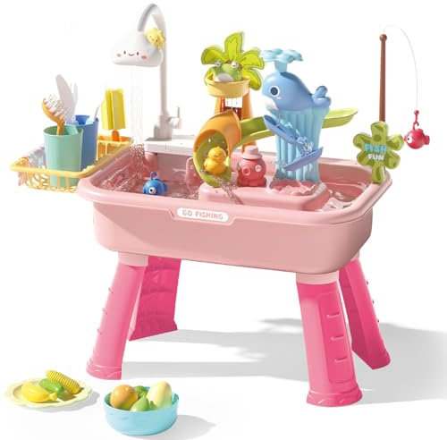 NPLSEO Kids Water Table with Pump & Running Water, 4-in-1 Play Sink Fishing Toy, Outdoor Water Play Table with Adjustable Legs, Sensory Educational Toys for Boys Girls Ages 3-8 (Pink)