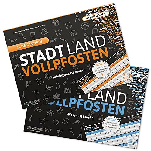 DENKRIESEN - Stadt Land VOLLPFOSTEN® - A3-Doppelpack - Partyspiel - Die beiden XXL Stadt Land Fluss Varianten im Set | Innovative Spielesammlung | Familienspiele | Wichtelgeschenk
