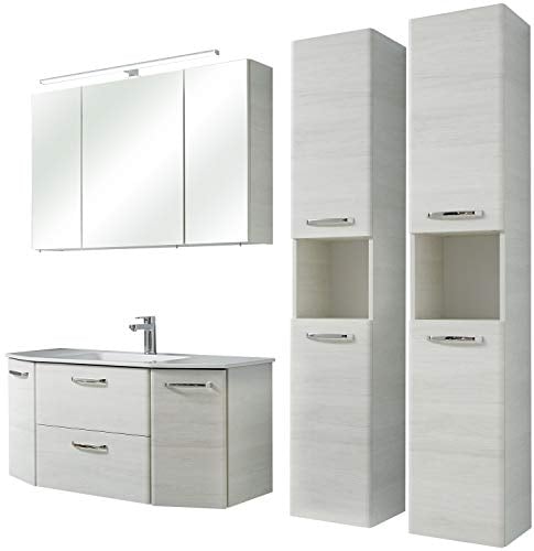 Pelipal - Amora 15 - Badmöbel-Set - 112 cm Keramik-Waschtisch - 5-teilig Badset Komplettset mit Spiegelschrank usw. in Eiche weiß quer NB