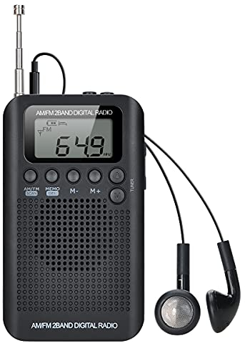 Radio Portátil Pequeña Mini Radio de Bolsillo Am FM Estéreo Sintonización Digital Radio con Altavoz de Sonido Reloj Despertador y Temporizador Auricular