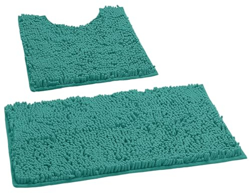 LuxUrux Bath Mat, Luxury Chenille (2-Piece) Bath Mat Set, Soft Plush Anti-Slip Bath Rug + Toilet Mat.1'' Microfiber Shaggy Carpet, Super Absorbent (Curved Set Small, Turquoise)