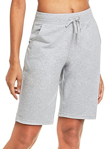 baleaf Damen Bermuda Shorts Baumwolle Sporthose Kurz Knielang Sweathose Sommerhose mit Taschen 10 Activewear Hosen Loose Casual Freizeit Hell Grau S
