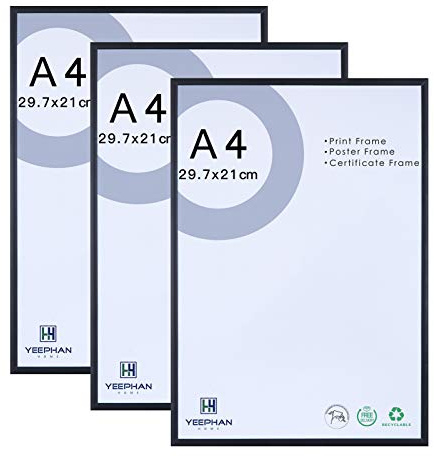 A4 Photo Frame, 21x30cm Aluminum Black Picture Frame with Perspex Glass | Metal Certificate Photo Frames, Wall Gallery Collage, Wall Mount & Tabletop Display, Set of 3