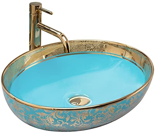 Rea Waschbecken Waschtisch Aufsatzwaschbecken Keramik Handwaschbecken Aufsatz Waschschale Gold Blau Rund 40x52