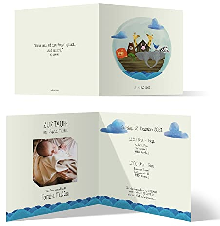 10 x Einladungskarten zur Taufe - Text und Foto einfach individuell selbst gestalten quadratische Klappkarte für Mädchen oder Jungen - Arche Noah