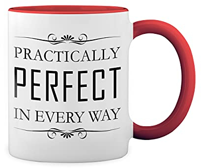 Practically Perfect Mary Poppins Weiße Tasse Mug mit roten Felgen und Griff