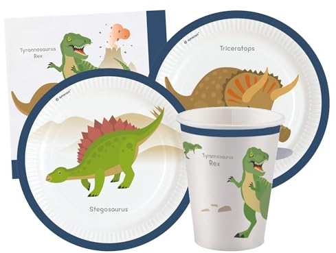 Isola Party Kit festa di compleanno a tema Jurassic Dinosauri per 16 persone eco-friendly (16 piatti di carta ⌀ 23 cm, 16 bicchieri di carta 250 ml, 20 tovaglioli di carta 33x33 cm)