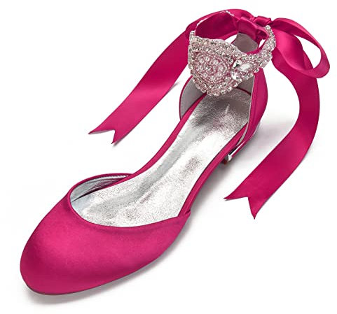 Donna Punta Tonda Scarpe da Sposa Strass Cinturino alla Caviglia Ballerine in Raso,Rose Red,41 EU