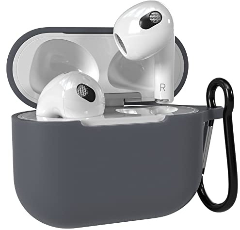 EAZY CASE - Schutzhülle für AirPods 3 Hülle Anthrazit Silikon Case Stoßfest mit Karabiner geeignet als Schlüsselanhänger Antikratz Etui rutschfeste Silikonhülle für Airpod 3. Generation in Grau