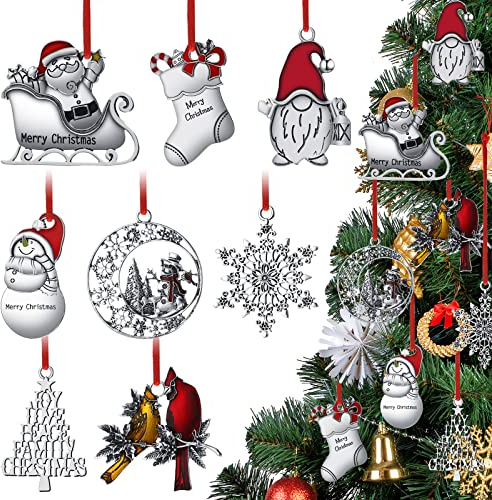 Nuogo 8 Stück Massiv Zinn Weihnachtsbaum Ornamente Weihnachten Hängende Dekorationen Zinn Weihnachtsschmuck Metall DIY Handwerk mit rotem Seil für Weihnachten Festliche Feiertage Home Decor, 8 Stile