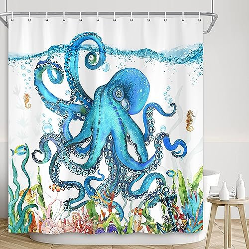 Shocur Octopus Duschvorhang, lustiges blaues Tentakel Kraken Ozeantier, tropisches Meer Unterwasserwelt Landschaft, 183,9 x 183,9 cm, Polyestergewebe, Badezimmer-Dekor-Set mit 12 Haken