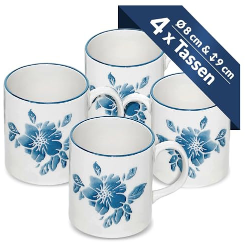 Lashuma Kaffeebecher blau Enzian, 4er Set Henkeltassen Keramik, Tee Tassen rund 300 ml