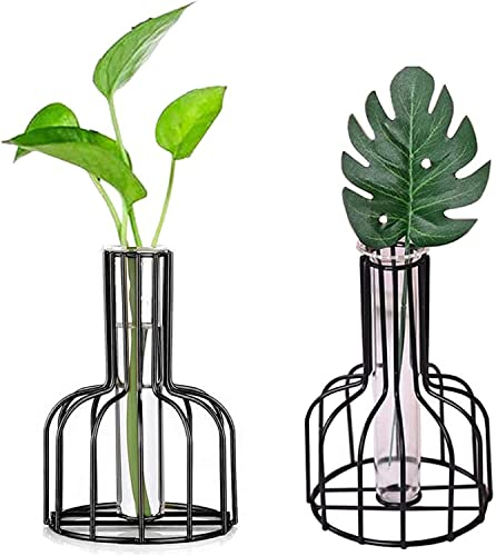 2 Stück Vase aus Eisen Glas Vase Schwarz Kleine Vasen Für Tischdeko Blumenvase Modern Bud Hydroponic Glasvase Reagenzgläser Für Blumen Hochzeit Wohnzimmer Deko Tablett Tisch Bad Dekoration (black2)