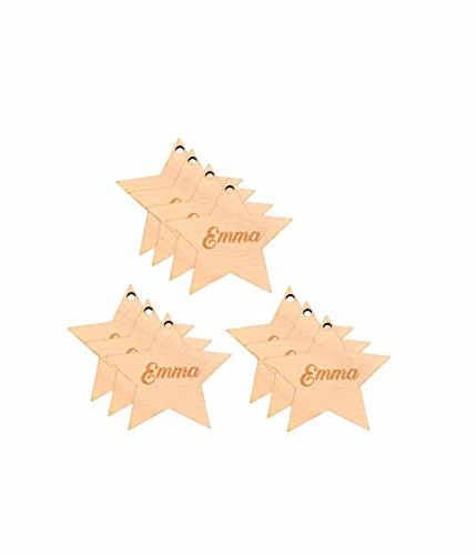 Geschenkanhänger Weihnachten aus Holz | Personalisiert mit eigenen Wunschnamen | Motiv Stern | Holz-Anhänger Weihnachts-Geschenke 10er Set