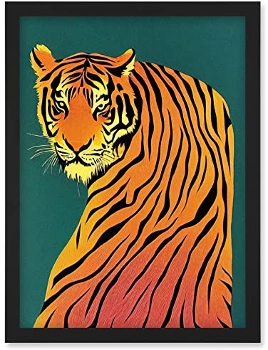 Wee Blue Coo Modern Tiger Portrait on Teal Orange Bold Artwork Framed Wall Art Print A4