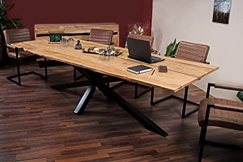 SAM Baumkantentisch 260 x 100 cm Polly, Epoxidharz-Adern in Schwarz, Akazienholz massiv + naturfarben, Esstisch mit Spider-Eisengestell Schwarz, Tischplatte 26 mm, echte Baumkante