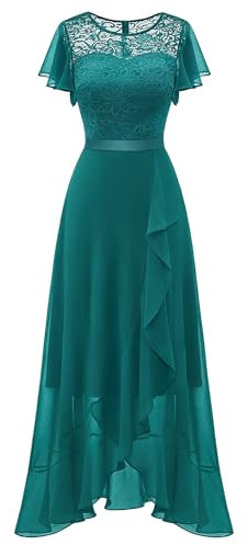 Berylove Robe de soirée longue élégante pour mariage - Robe de cocktail avec fente - Robe de cocktail pour femme - Élégante avec manches - Taille élastique, Vert paon, XXL