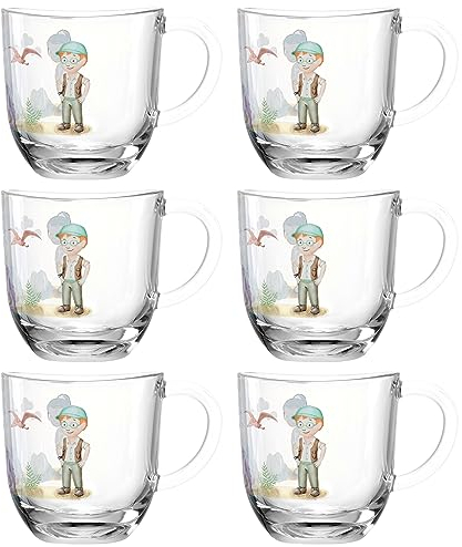 LEONARDO HOME Bambini Avventura Tassen-Set 6-teilig - Kinderbecher mit Motiv aus dickwandigem Glas - Inhalt 280 ml - mikrowellengeeignet, robust - 6er Set mit Motiv Dino, 044424