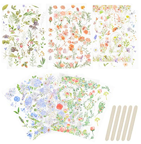 CRAFFANCY 12 Blatt Transfer-Aufkleber, Blumenmuster, rustikal, moderner Stil, Polyvinylchlorid-Material, ideal für Sammelalben, Innenbereich, botanisches Thema