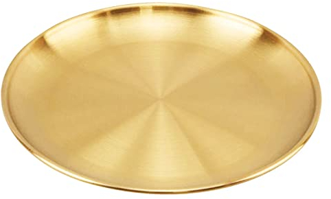 Vusddy Bandeja redonda dorada – Bandeja dorada de acero inoxidable – Plato decorativo de metal para velas, joyas, maquillaje, juego de té, jarrones, mesa de entrada decorativa (14 cm)