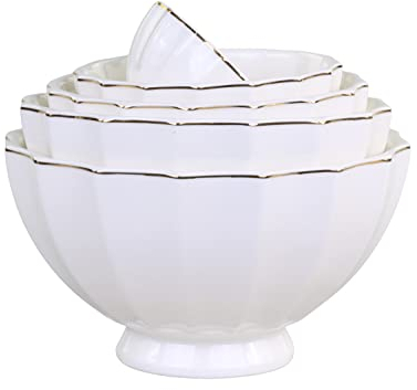 Chic Antique Set 5-teilig Schüssel Bowl Müssli-Schale Desertschale Arés Dippschalen Porzellan in weiß mit Goldrand, von H4,5/Ø8 cm bis H9/D15,5 cm