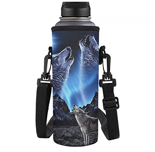 NETILGEN Neoprene Water Bottle Carrier - Adjustable Strap, Fits 1000ml Bottles, Crossbody Pouch with Handle, Howling Wolf