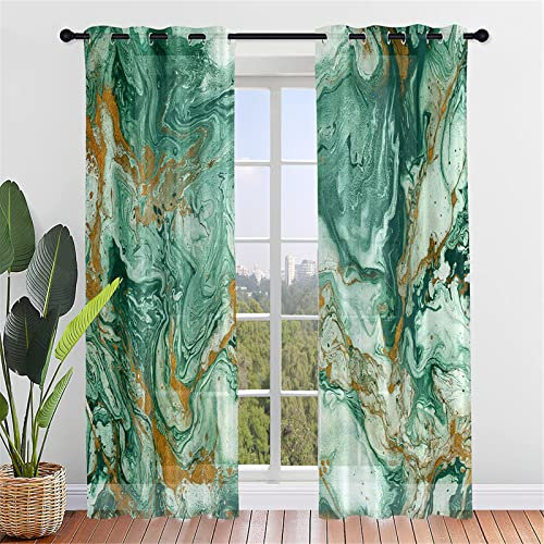 Hiseng Voile Vorhänge mit Ösen Durchsichtig Halbtransparent Ösenvorhang für Fenster Wohnzimmer Schlafzimmer Marmor Elegant Moderne Transparent Gardine 2er Set (140x244cm,Türkis)