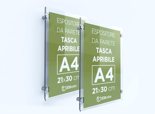 3DScube 2 Stück Plexiglas-Schild für die Wand mit aufklappbarer Tasche, für Mitteilungen und Prospekte im Format A4 im Hochformat 21 × 30 cm, komplett mit Abstandshaltern aus Aluminium (2 Stück)