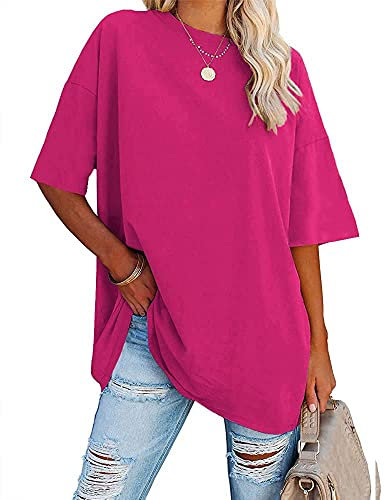 Ebifin Maglietta da donna oversize, scollo rotondo, a maniche corte, casual, casual, casual, estiva., 02-rosso rosa, XL