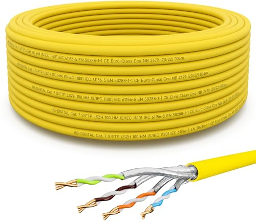 HB-DIGITAL Cavo di rete CAT.7, 15 m, cavo di rete LAN, AWG 23, in puro rame S/FTP PiMF LSZH, privo di alogeni, RoHS-Compliant Ethernet, cavo dati PoE 10 Gbit/s GHMT certificato giallo