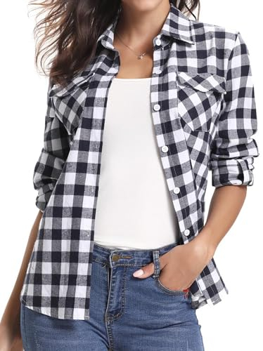 Aottori Damen Baumwolle Hemd Kariertes Karo-Hemd Langarm Button-down V-Ausschnitt Karohemd Bluse Tunika Tops Hemd T-Shirt Casual Freizeit Sommer Blusenshirt Schwarz-Weiss 1 XXL