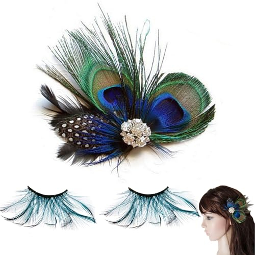 Mirrwin Pfauenfedern Haarschmuck, Pfau Kostüm Damen mit Falsche Wimpern Lang, 1920s Pfau Feder Haarspange 20er Jahre Haarspange Pfau Kopfschmuck für Karneval Fasching Mottoparty Cosplay Party