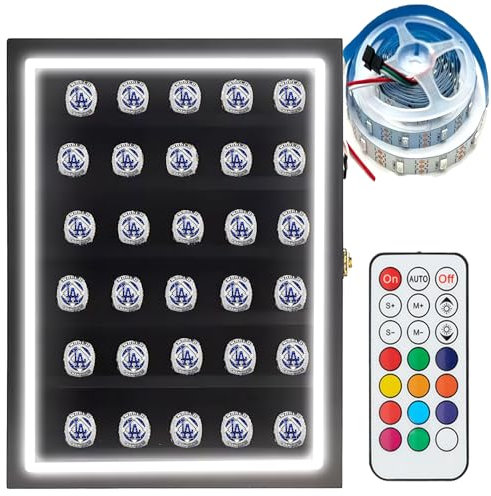 DEALZOOM Championship Ring Vitrine RGB LED – 30 Ringe große Baseballring-Vitrine – Glas-Schattenbox mit Schloss für Baseballringe, Basketball-Ringhalter, Fußballkoffer – Schwarz