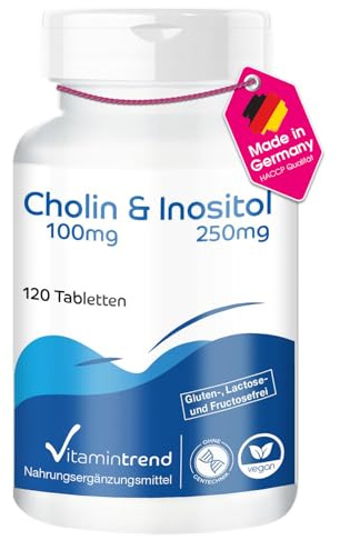 Vitamintrend Cholin 100mg Tagesbedarf + Inositol 250mg, 120 Tabletten, Nahrungsergänzungsmittel vegan ohne Magnesiumstearat, in Deutschland hergestellt
