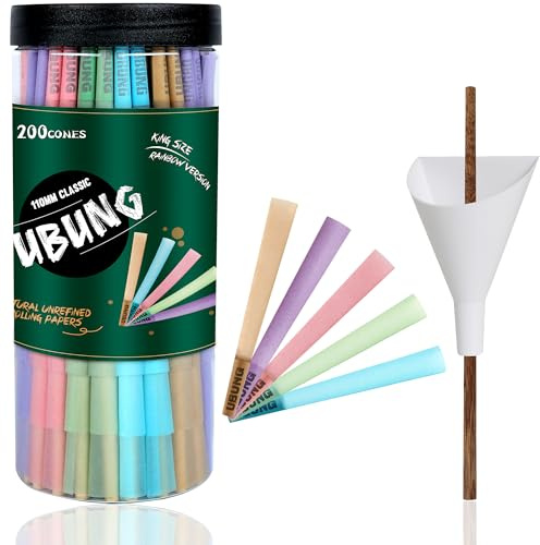 UBUNG Rainbow Cônes, 5 Couleurs 200 Cônes, King Size cône pré roulé avec filtres, King Size cône fini feuille à rouler, Comprend 1 trémie et 1 poussoir pour emballage rapide