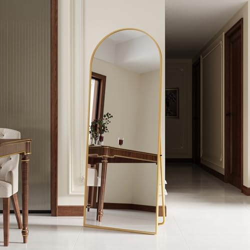 KeepGoon Miroir Complet bombé avec Coins arrondis, 165 x 60 cm, sur Pied, à Suspendre, Debout ou appuyé, pour Chambre à Coucher, doré